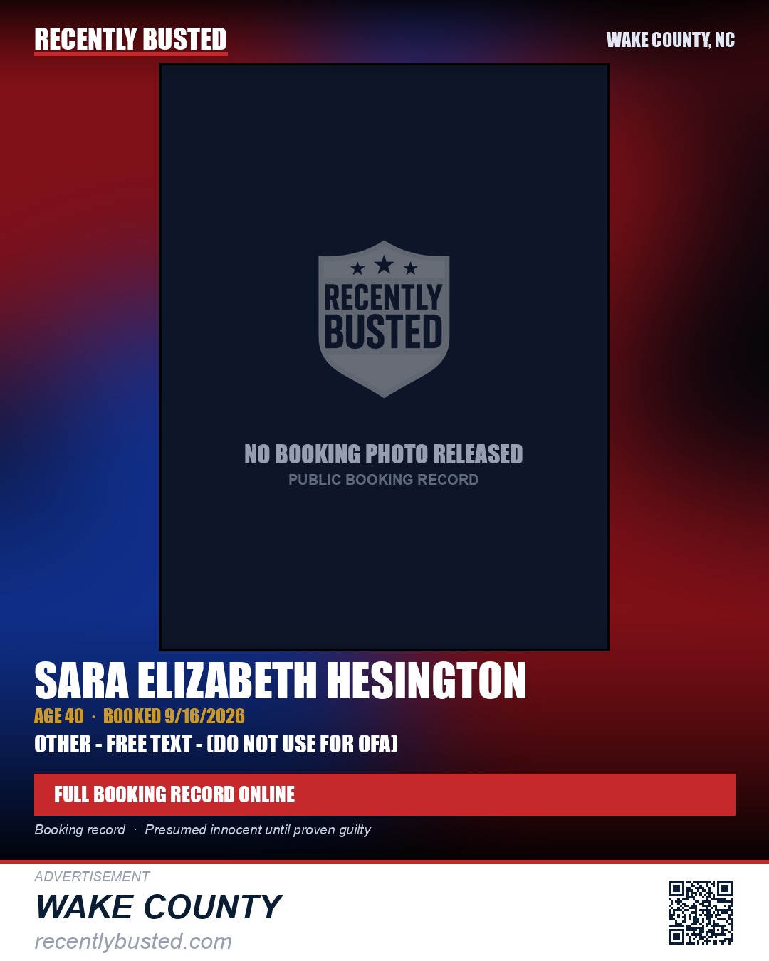 SARA ELIZABETH HESINGTON — arrest record card, Wake County, North Carolina