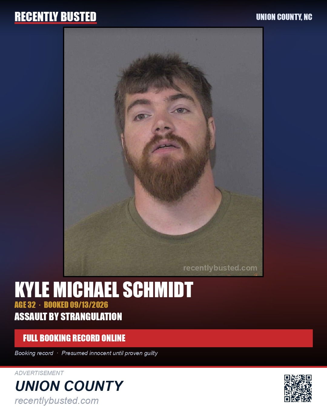 SCHMIDT, KYLE MICHAEL — arrest record card, Union County, North Carolina
