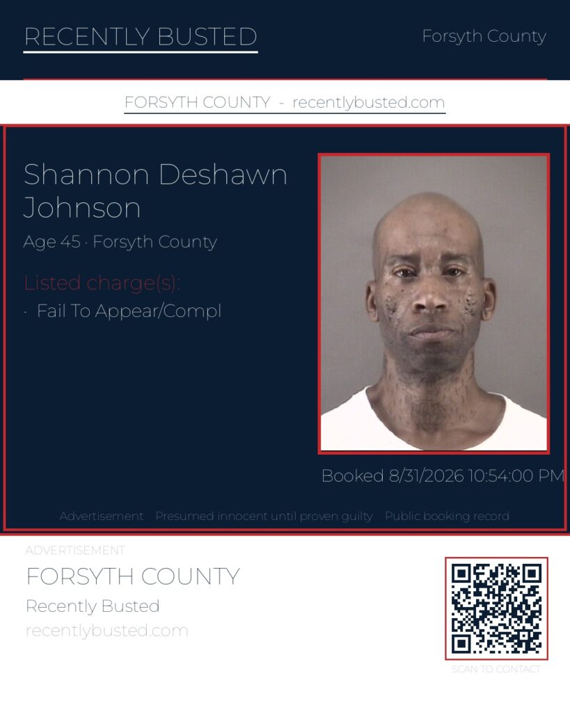 SHANNON DESHAWN JOHNSON — arrest record card, Forsyth County, North Carolina