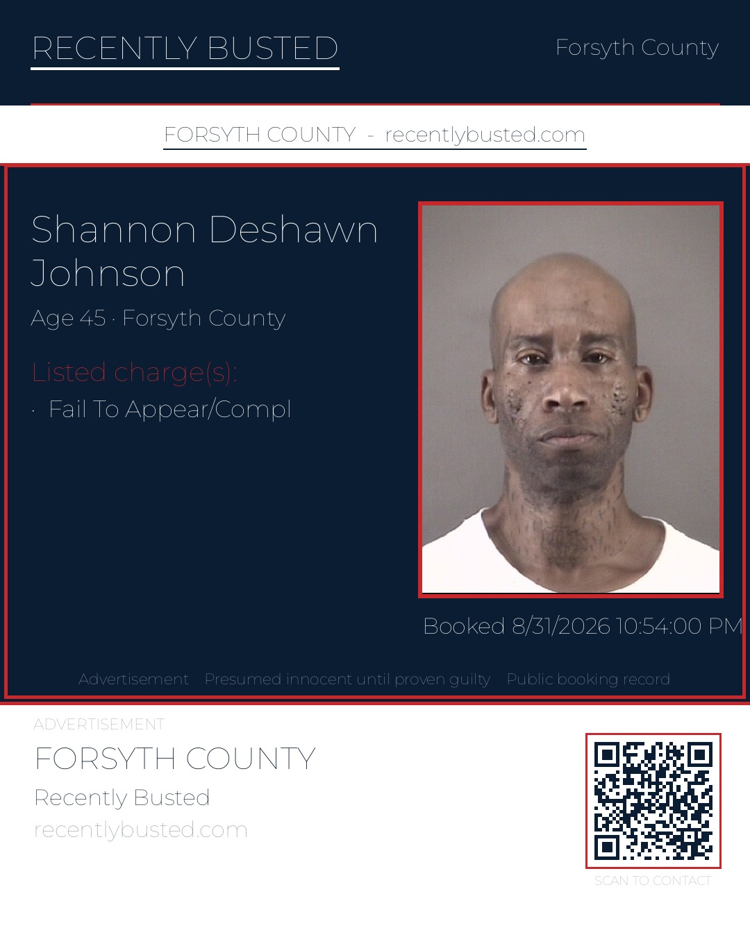 SHANNON DESHAWN JOHNSON — arrest record card, Forsyth County, North Carolina