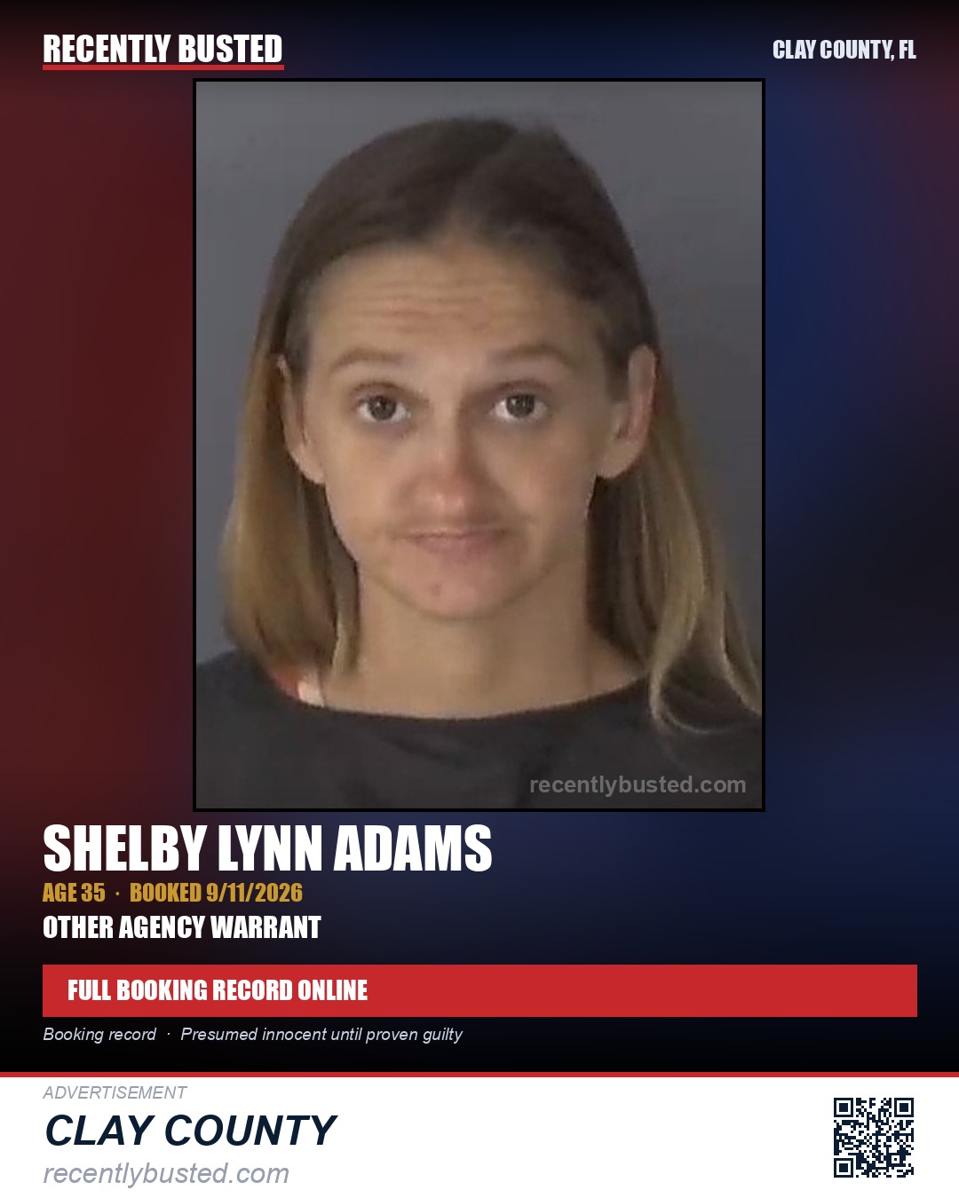 SHELBY LYNN ADAMS — arrest record card, Clay County, Florida