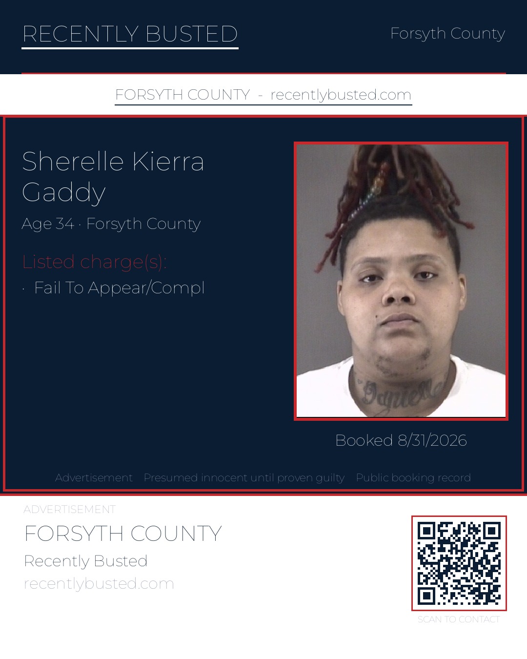 SHERELLE KIERRA GADDY — arrest record card, Forsyth County, North Carolina