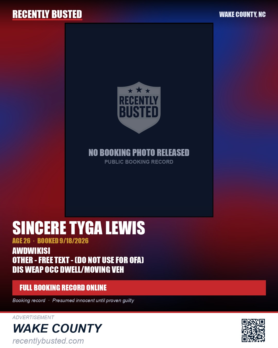 SINCERE TYGA LEWIS — arrest record card, Wake County, North Carolina