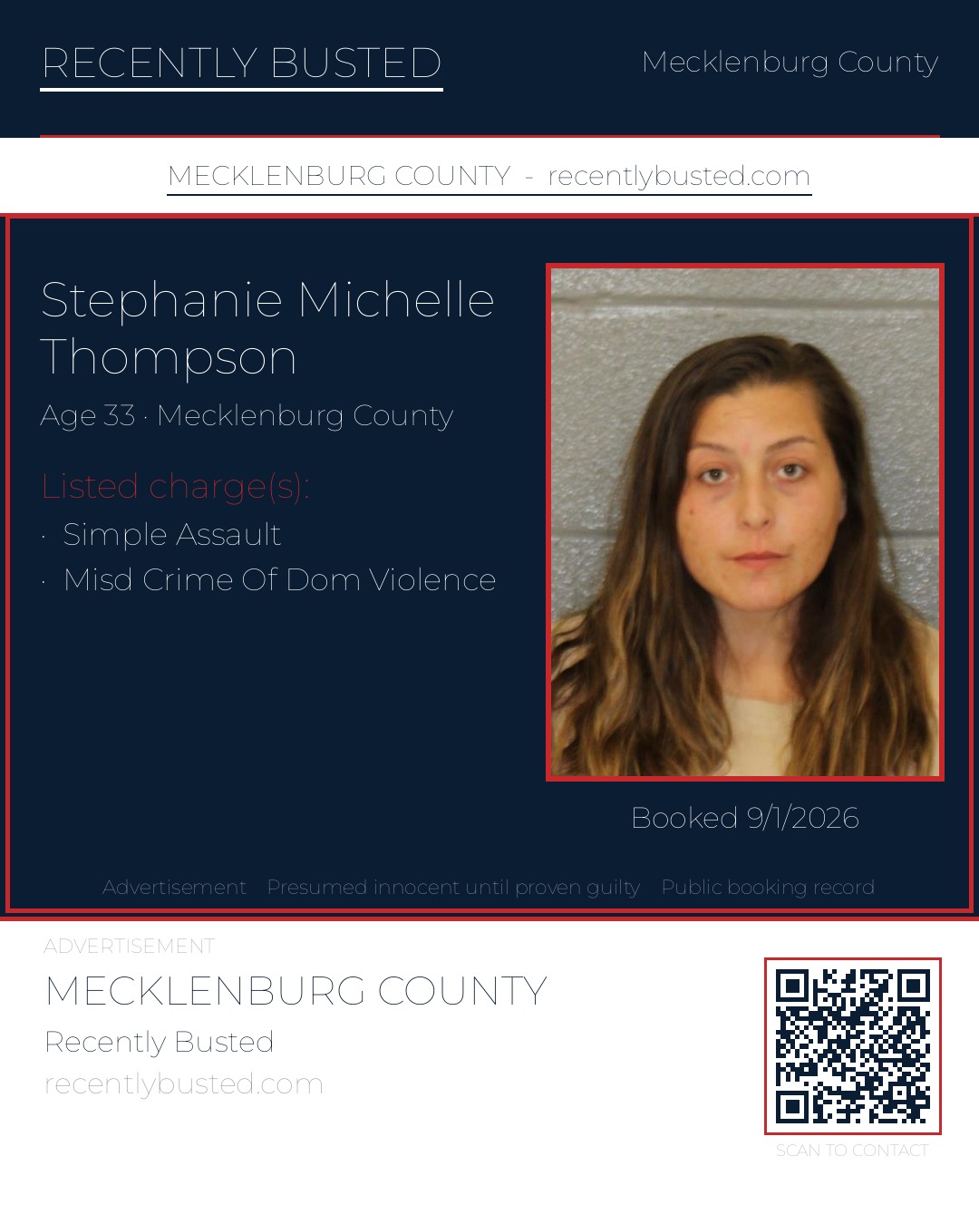 STEPHANIE MICHELLE THOMPSON — arrest record card, Mecklenburg County, North Carolina