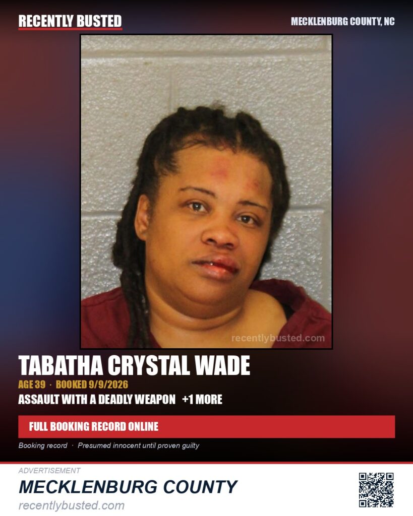 TABATHA CRYSTAL WADE — arrest record card, Mecklenburg County, North Carolina