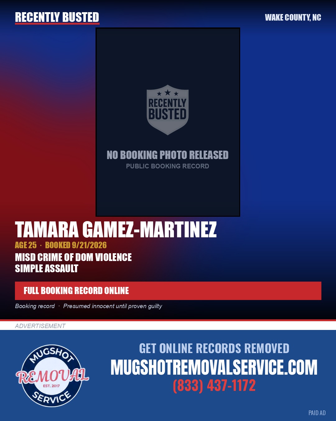TAMARA GAMEZ-MARTINEZ — arrest record card, Wake County, North Carolina