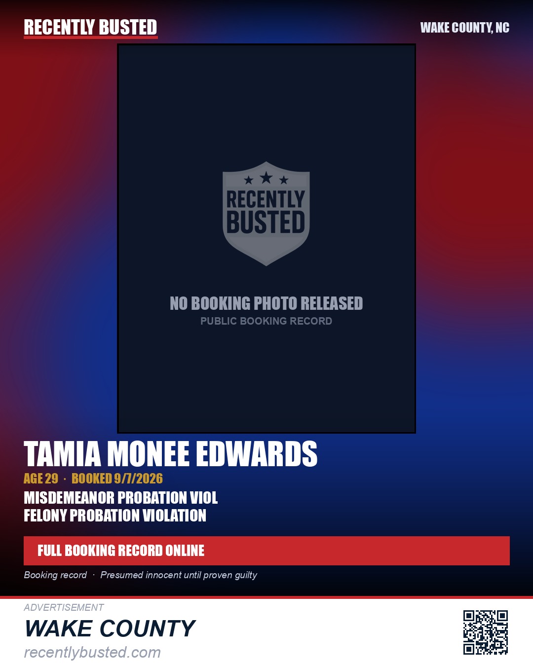 TAMIA MONEE EDWARDS — arrest record card, Wake County, North Carolina