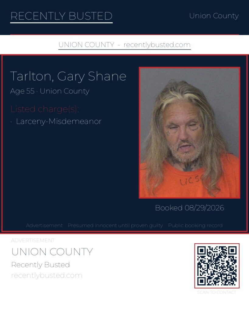TARLTON, GARY SHANE — arrest record card, Union County, North Carolina