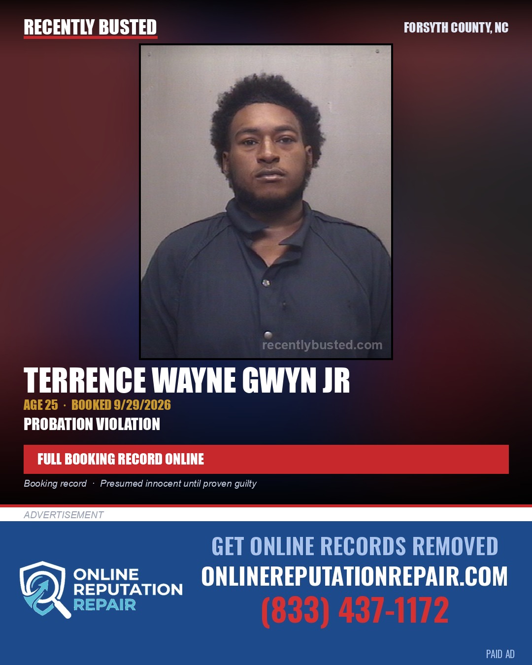 TERRENCE WAYNE GWYN JR — arrest record card, Forsyth County, North Carolina
