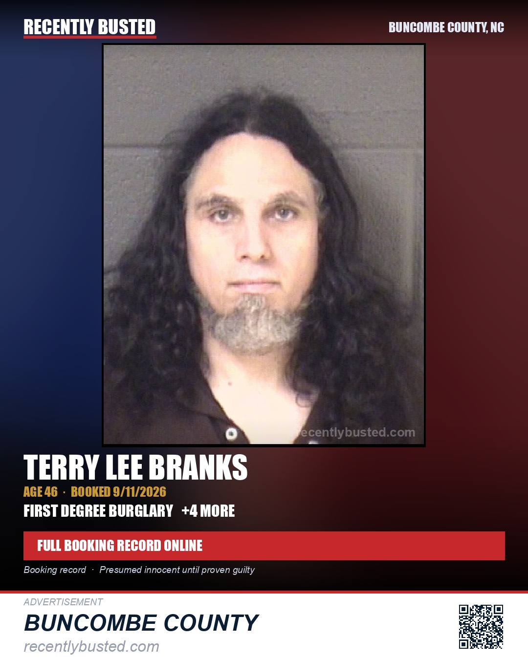 TERRY LEE BRANKS — arrest record card, Buncombe County, North Carolina