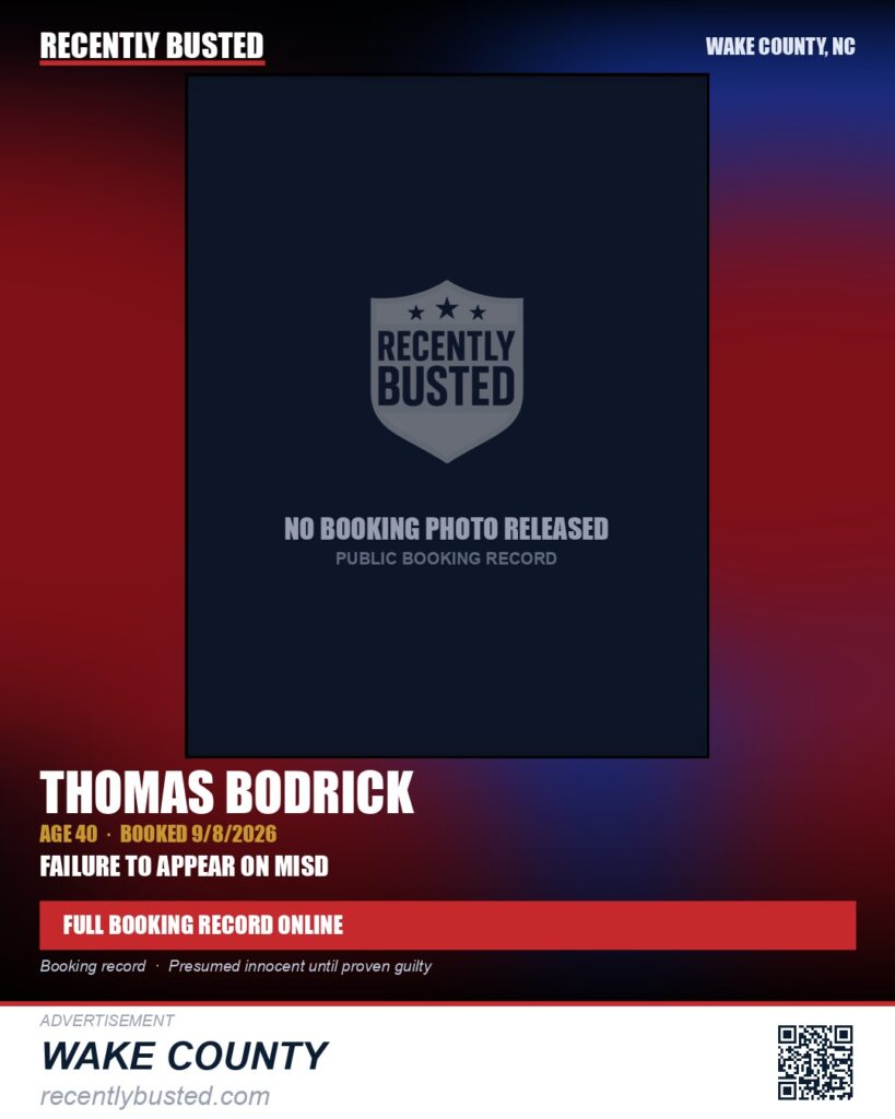 THOMAS BODRICK — arrest record card, Wake County, North Carolina