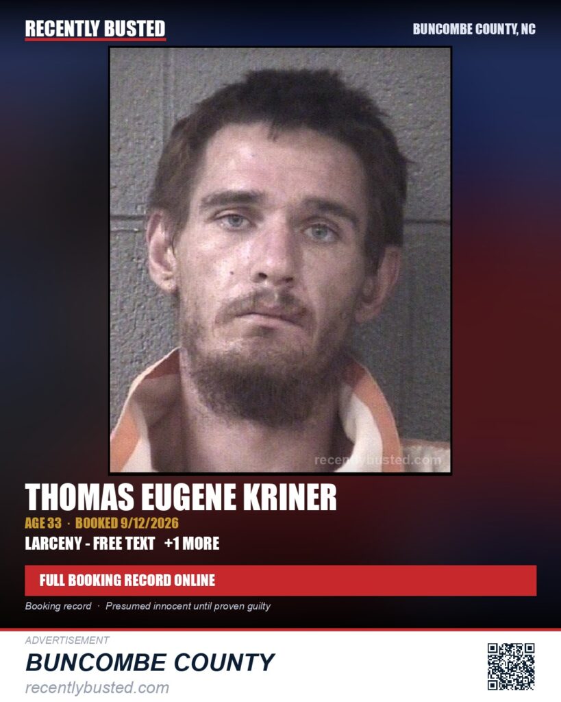THOMAS EUGENE KRINER — arrest record card, Buncombe County, North Carolina