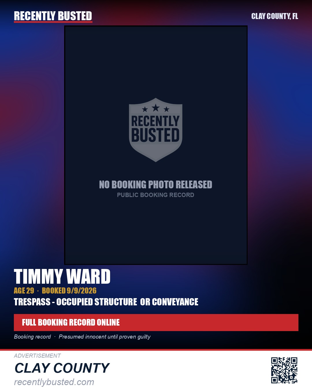 TIMMY WARD — arrest record card, Clay County, Florida