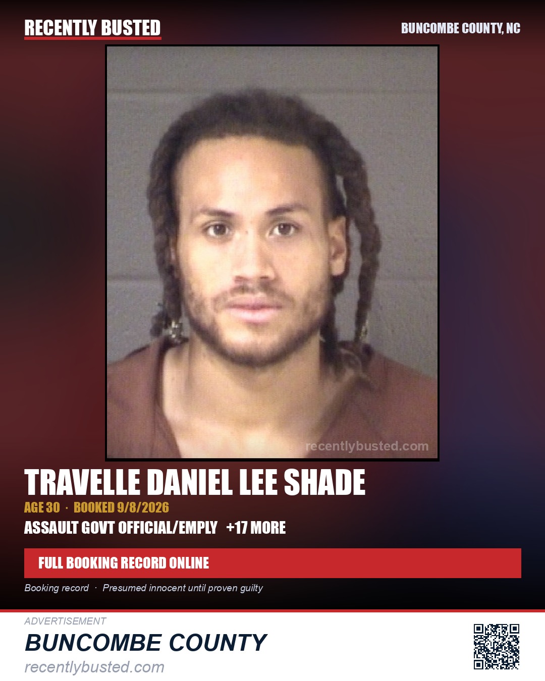 TRAVELLE DANIEL LEE SHADE — arrest record card, Buncombe County, North Carolina
