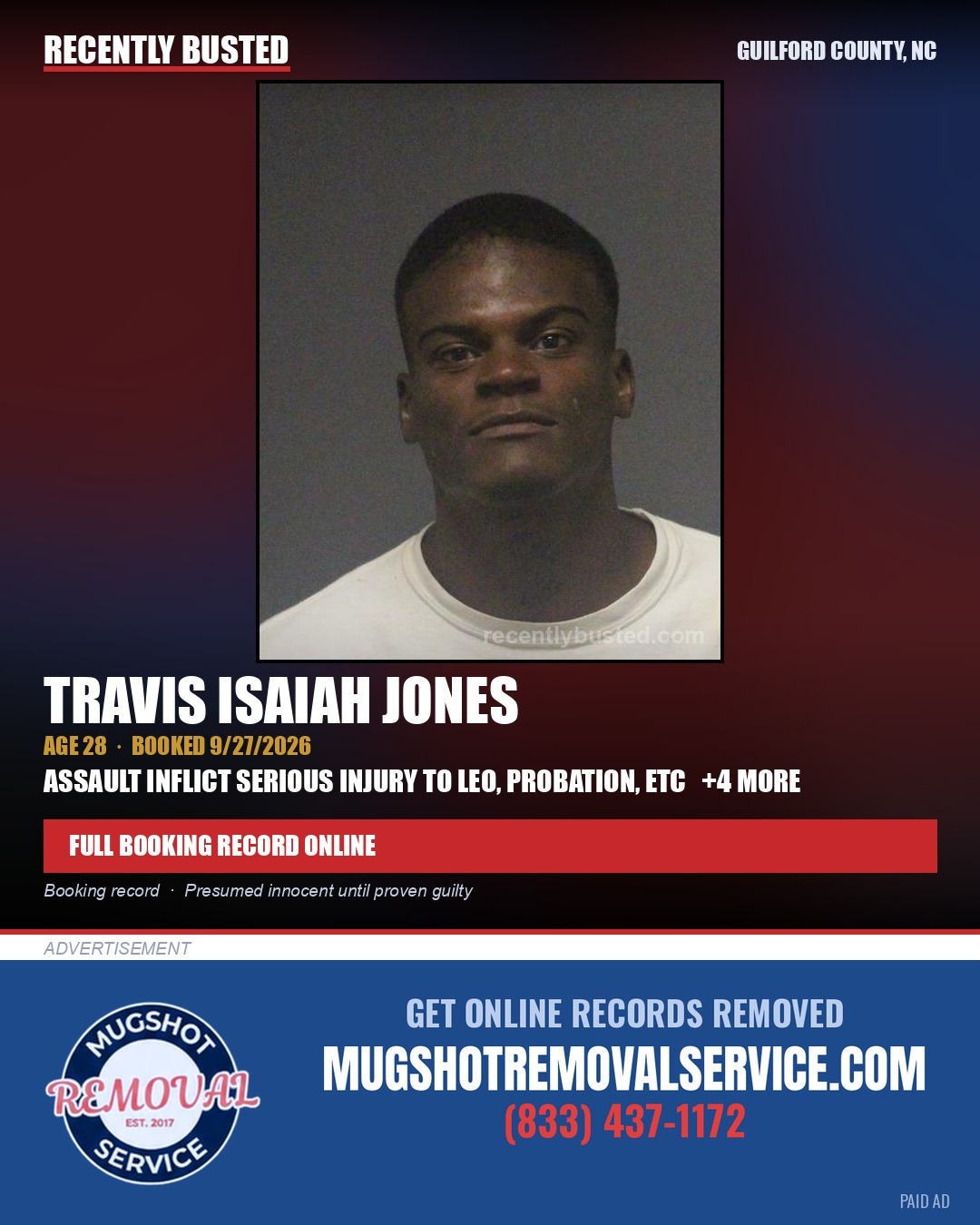 TRAVIS ISAIAH JONES — arrest record card, Guilford County, North Carolina
