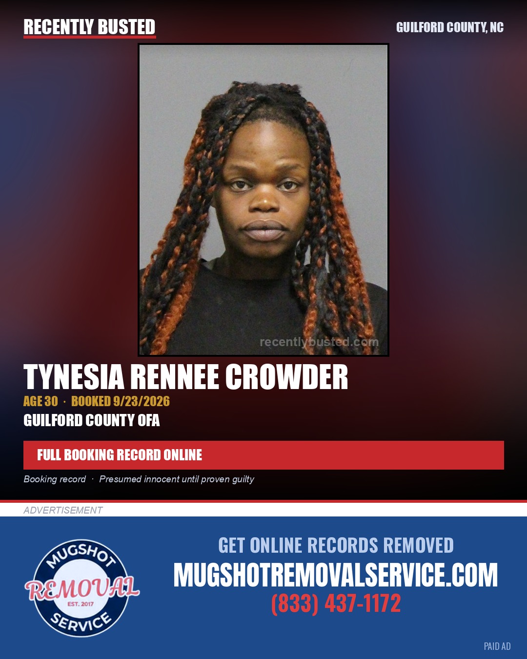 TYNESIA RENNEE CROWDER — arrest record card, Guilford County, North Carolina