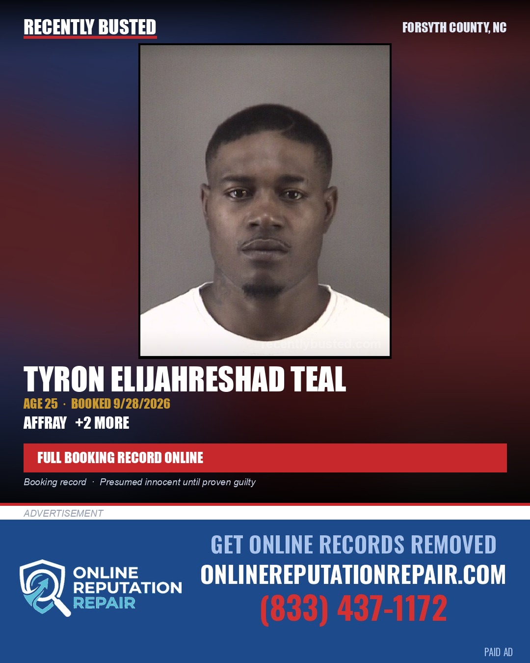 TYRON ELIJAHRESHAD TEAL — arrest record card, Forsyth County, North Carolina