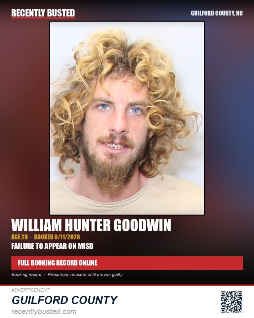 WILLIAM HUNTER GOODWIN — arrest record card, Guilford County, North Carolina