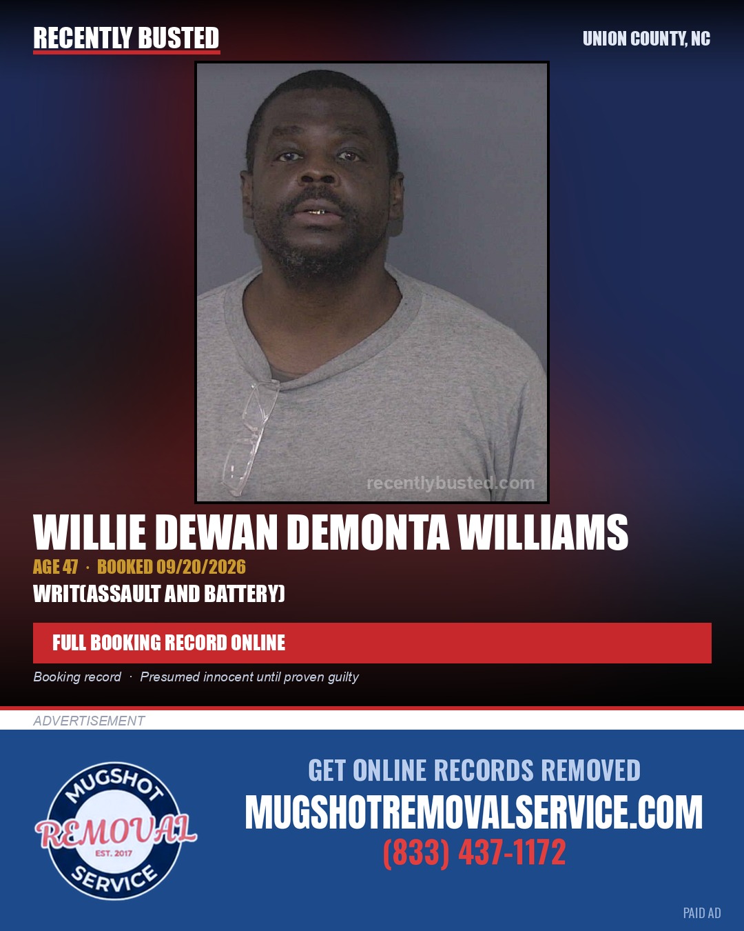 WILLIAMS, WILLIE DEWAN DEMONTA — arrest record card, Union County, North Carolina