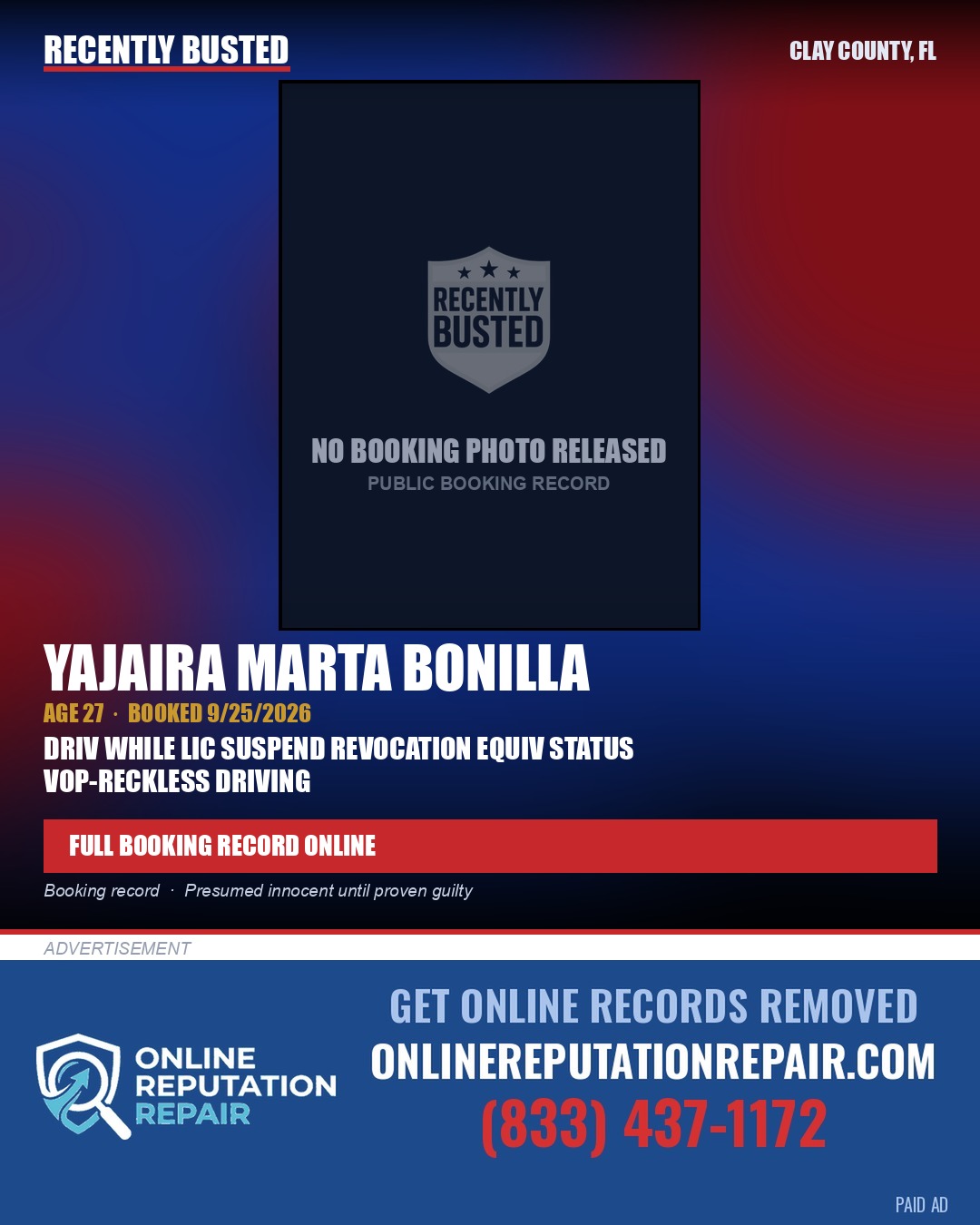 YAJAIRA MARTA BONILLA — arrest record card, Clay County, Florida