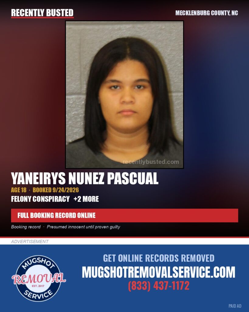 YANEIRYS NUNEZ PASCUAL — arrest record card, Mecklenburg County, North Carolina