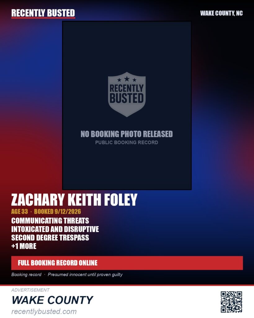 ZACHARY KEITH FOLEY — arrest record card, Wake County, North Carolina