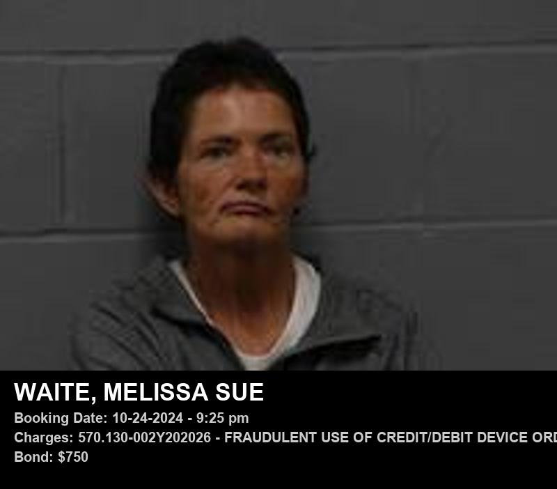 MELISSA SUE WAITE — arrest record card, Johnson County, Missouri