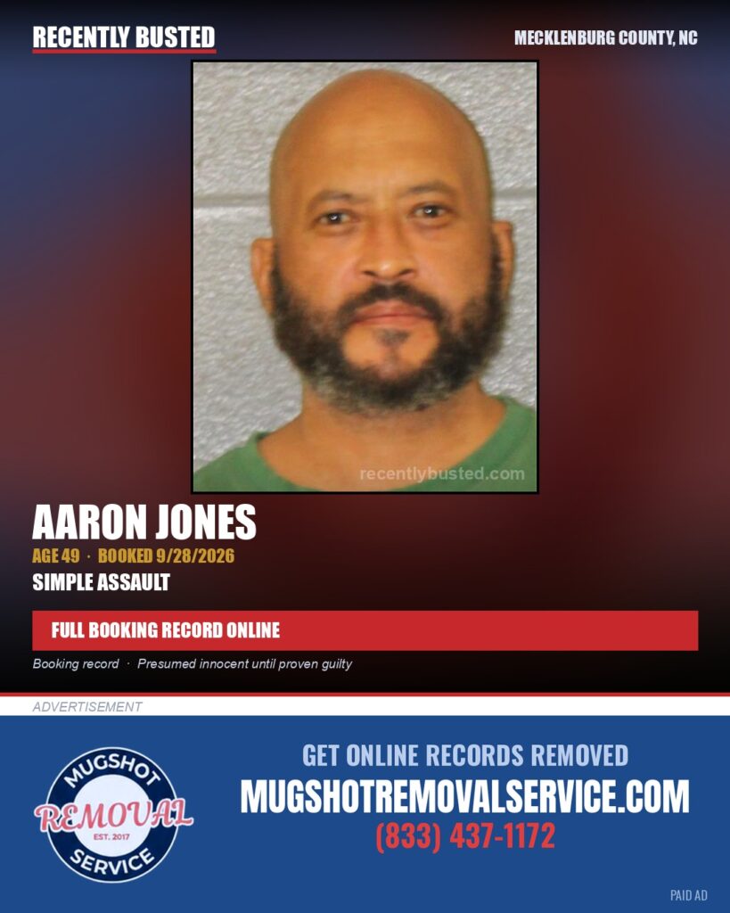AARON JONES — arrest record card, Mecklenburg County, North Carolina