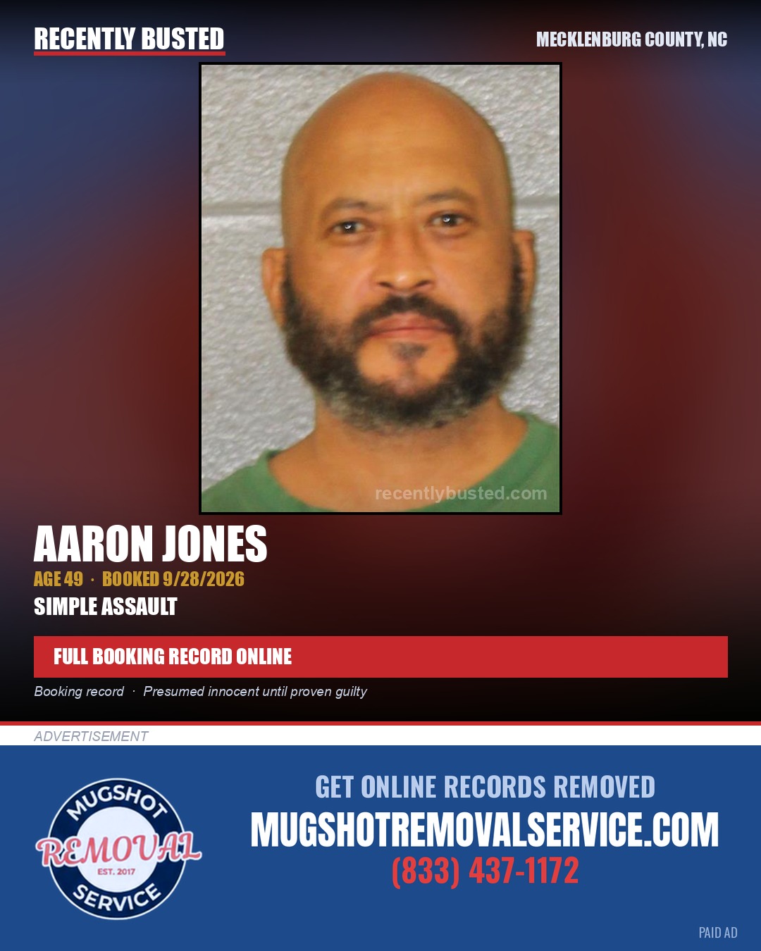AARON JONES — arrest record card, Mecklenburg County, North Carolina