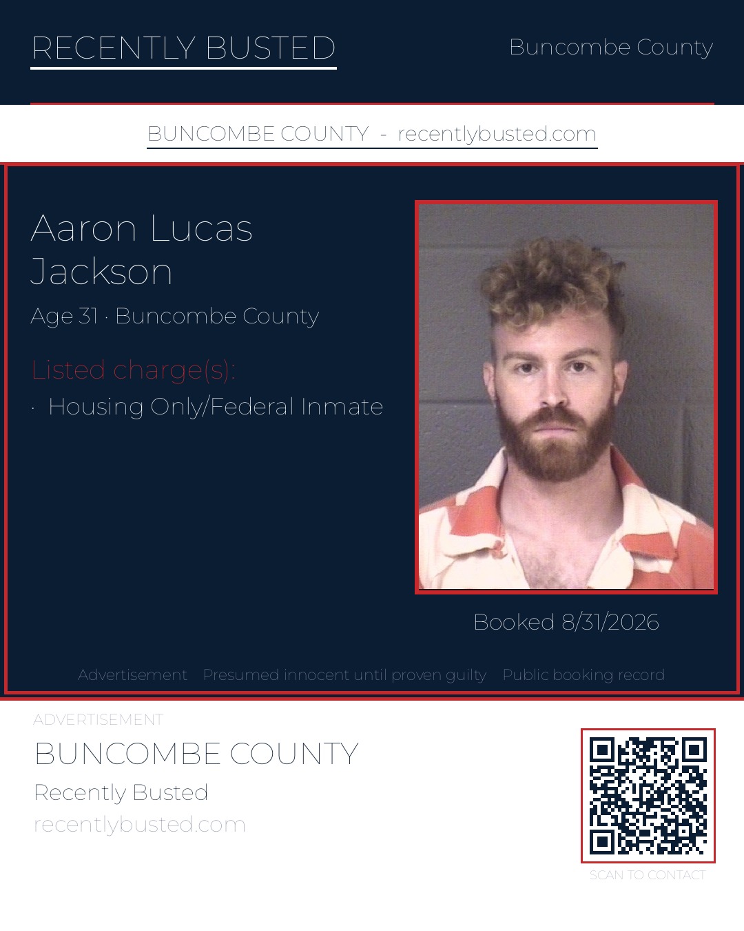 AARON LUCAS JACKSON — arrest record card, Buncombe County, North Carolina