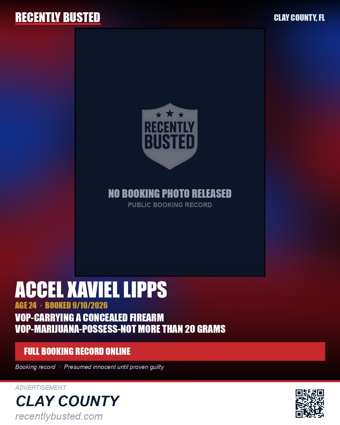 ACCEL XAVIEL LIPPS — arrest record card, Clay County, Florida
