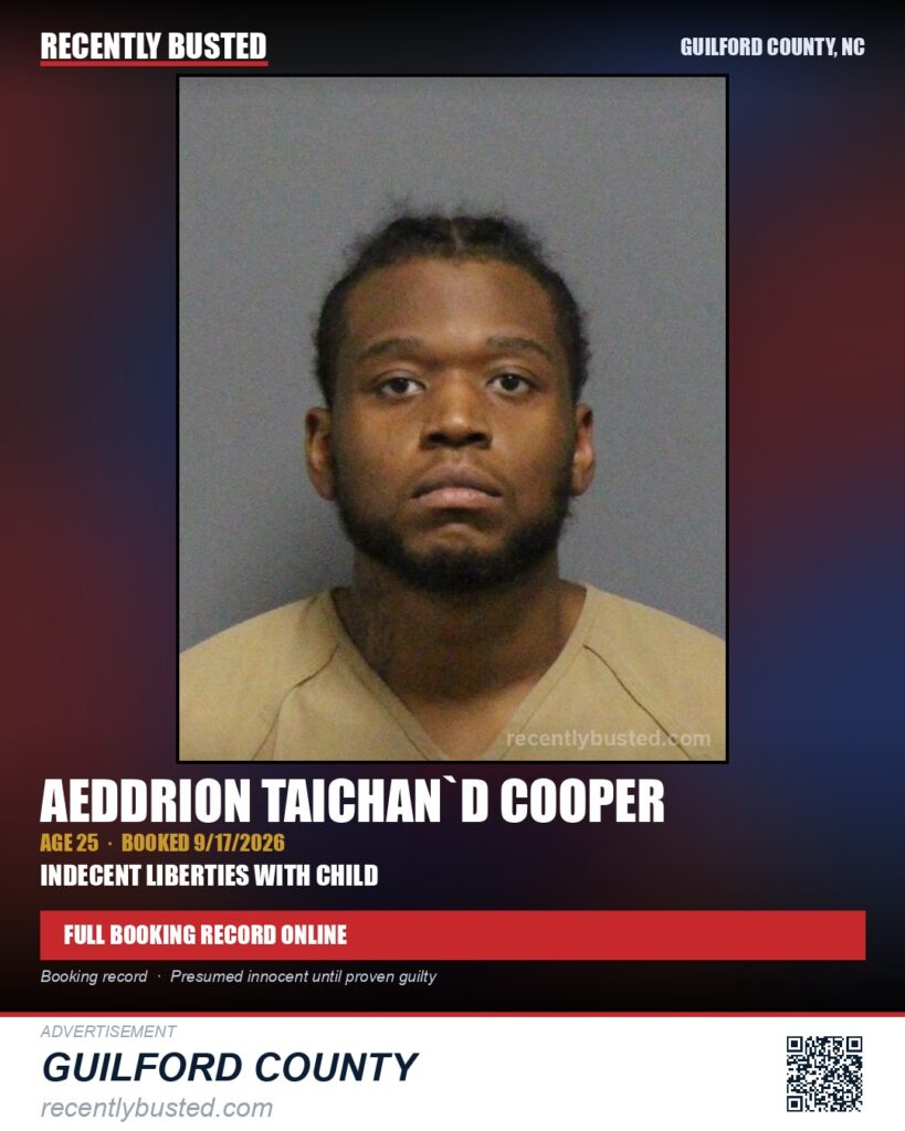 AEDDRION TAICHAN`D COOPER — arrest record card, Guilford County, North Carolina