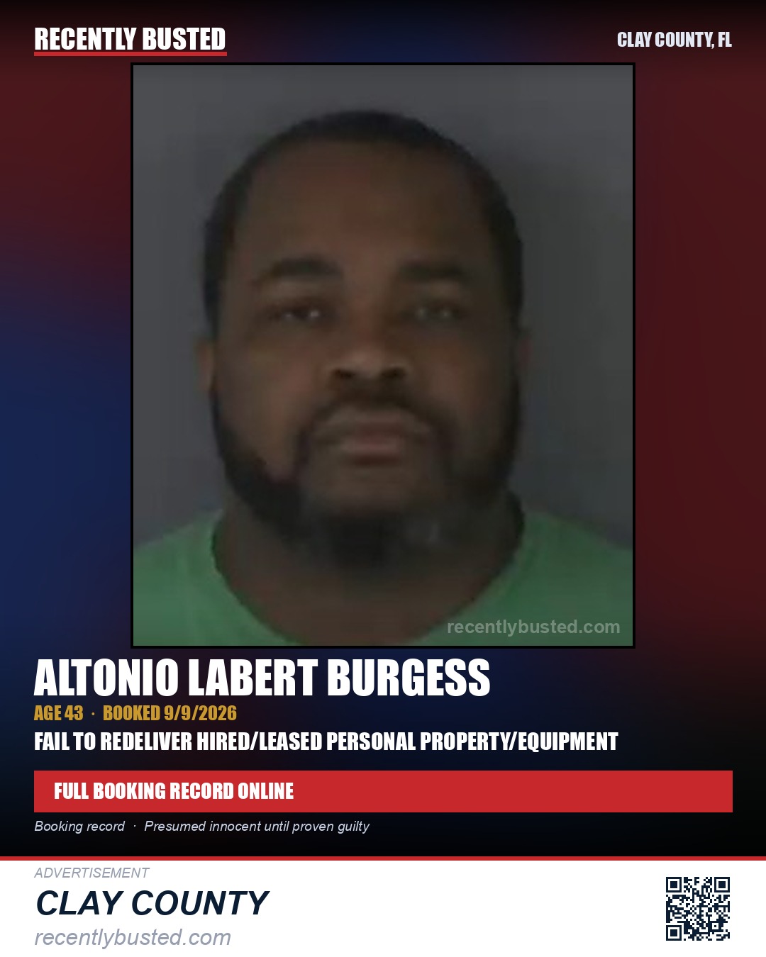 ALTONIO LABERT BURGESS — arrest record card, Clay County, Florida