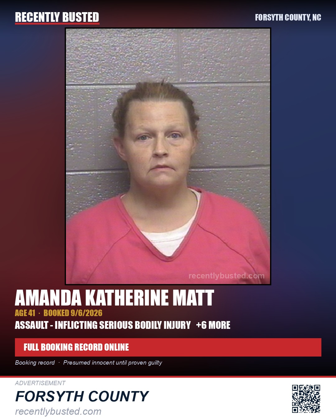 AMANDA KATHERINE MATT — arrest record card, Forsyth County, North Carolina