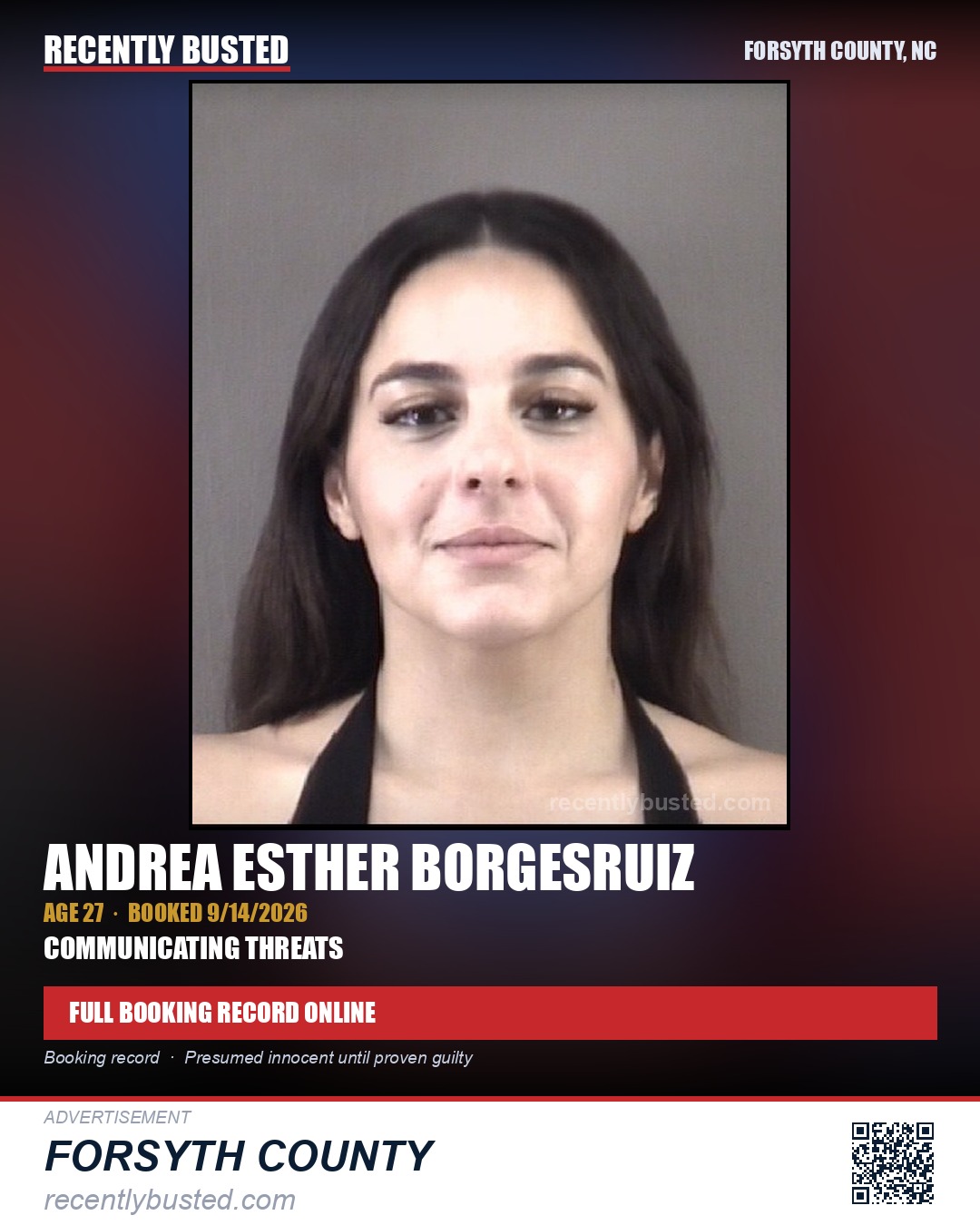 ANDREA ESTHER BORGESRUIZ — arrest record card, Forsyth County, North Carolina