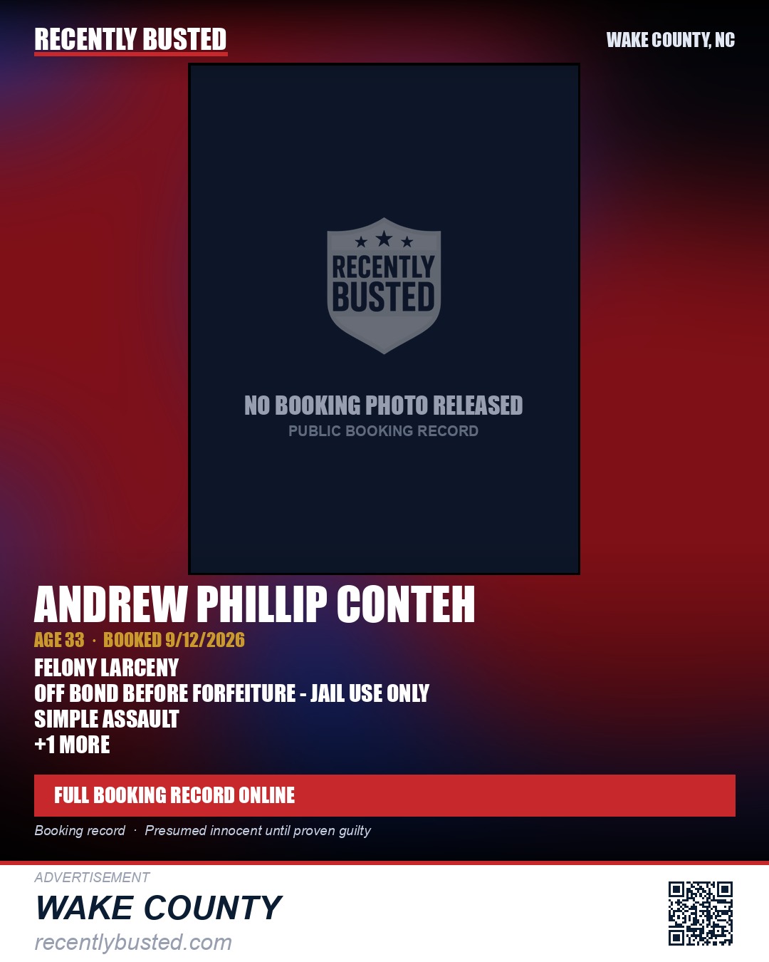 ANDREW PHILLIP CONTEH — arrest record card, Wake County, North Carolina