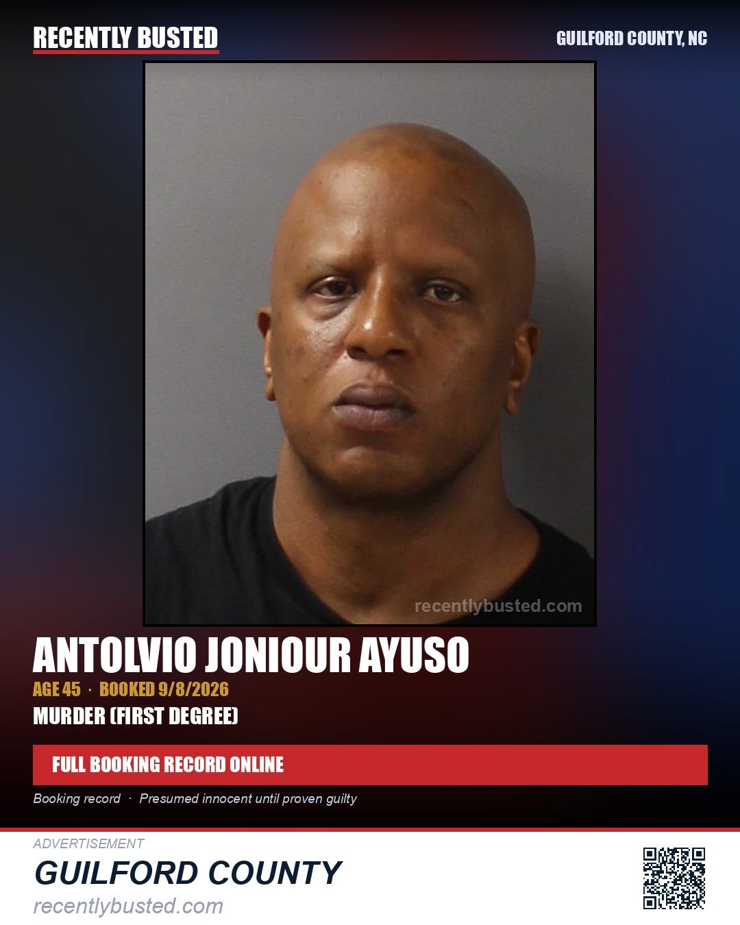 ANTOLVIO JONIOUR AYUSO — arrest record card, Guilford County, North Carolina