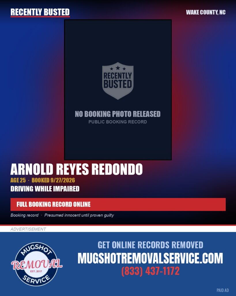 ARNOLD REYES REDONDO — arrest record card, Wake County, North Carolina