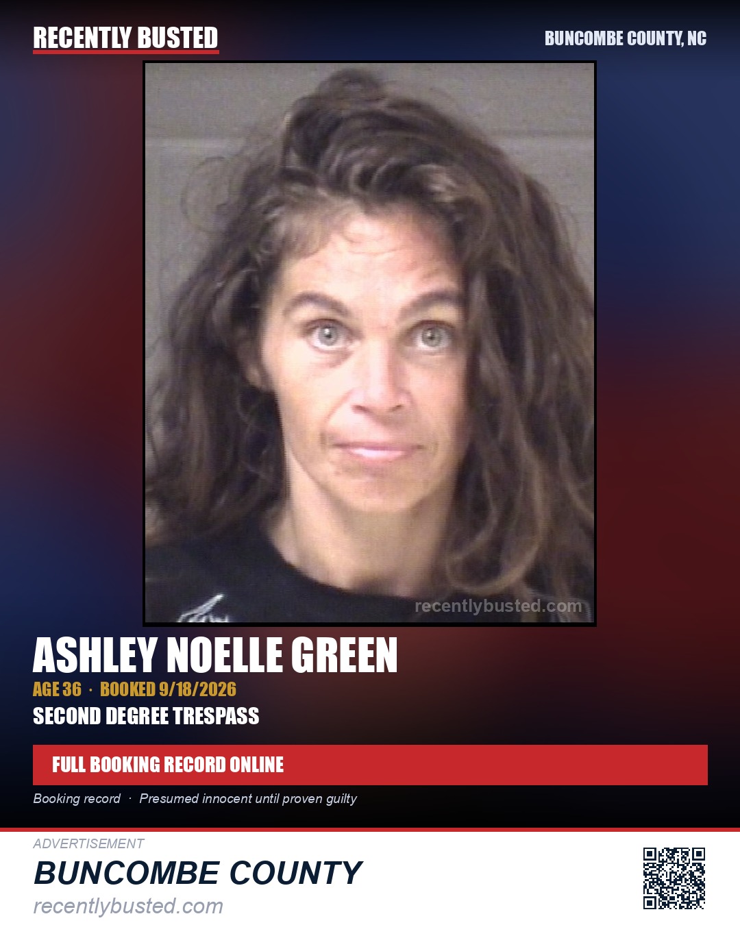 ASHLEY NOELLE GREEN — arrest record card, Buncombe County, North Carolina