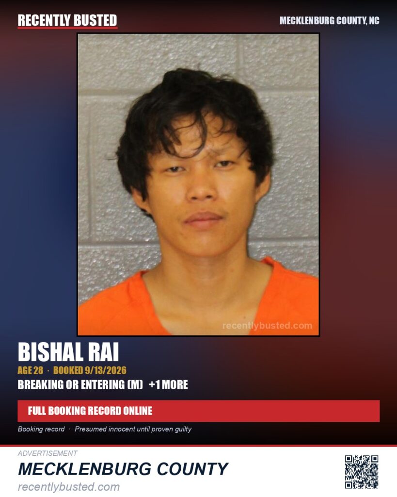 BISHAL RAI — arrest record card, Mecklenburg County, North Carolina