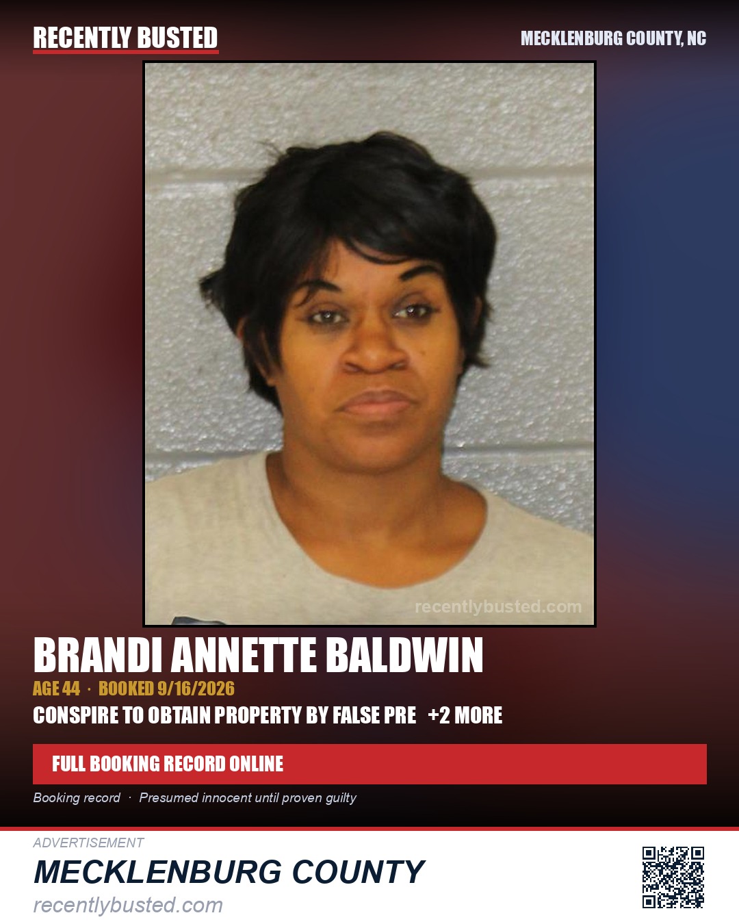 BRANDI ANNETTE BALDWIN — arrest record card, Mecklenburg County, North Carolina