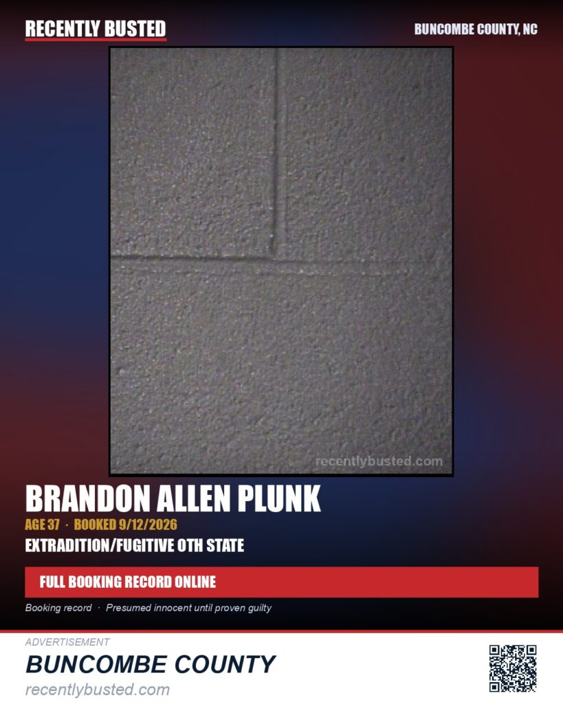BRANDON ALLEN PLUNK — arrest record card, Buncombe County, North Carolina