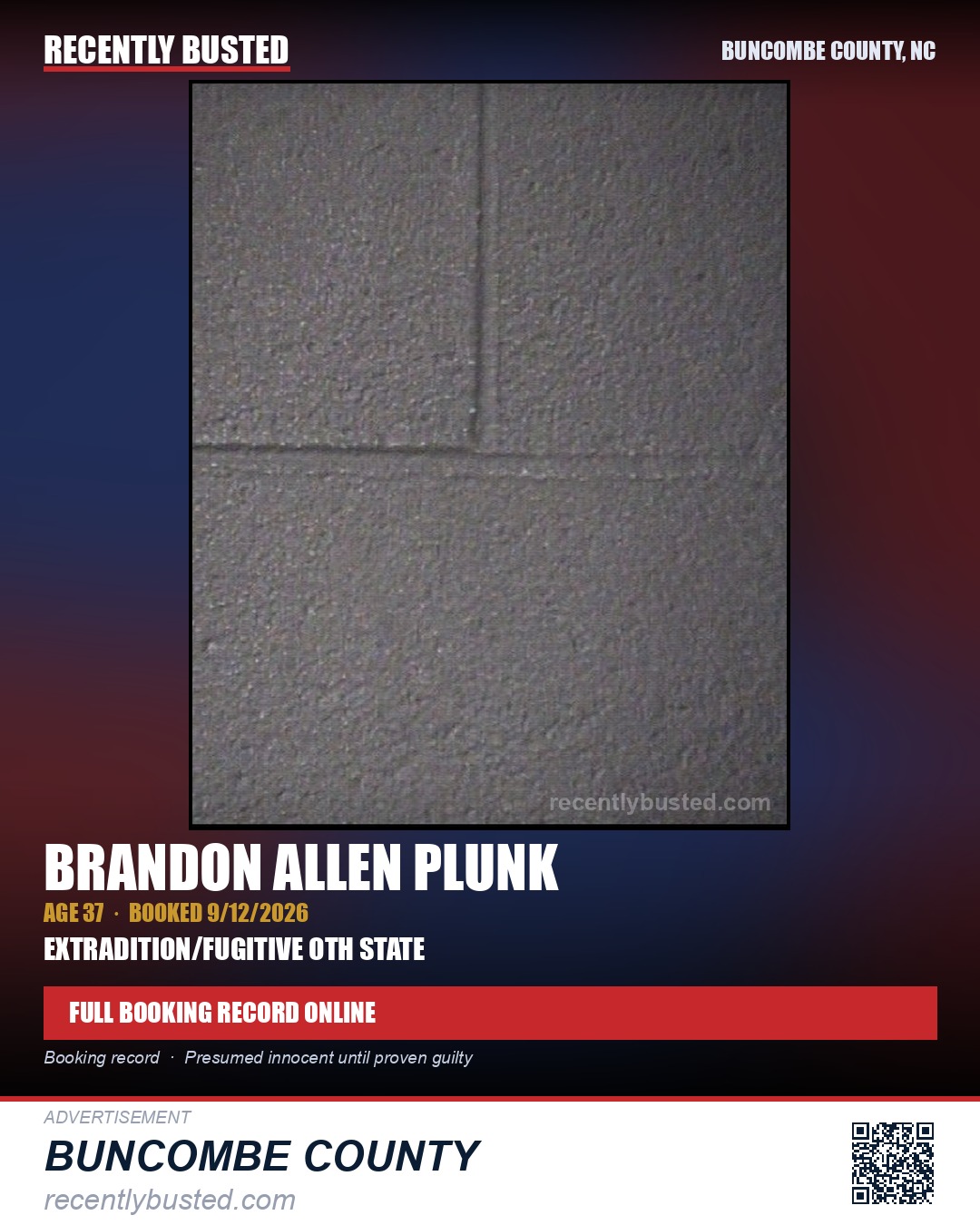 BRANDON ALLEN PLUNK — arrest record card, Buncombe County, North Carolina
