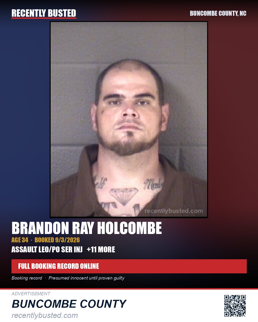 BRANDON RAY HOLCOMBE — arrest record card, Buncombe County, North Carolina