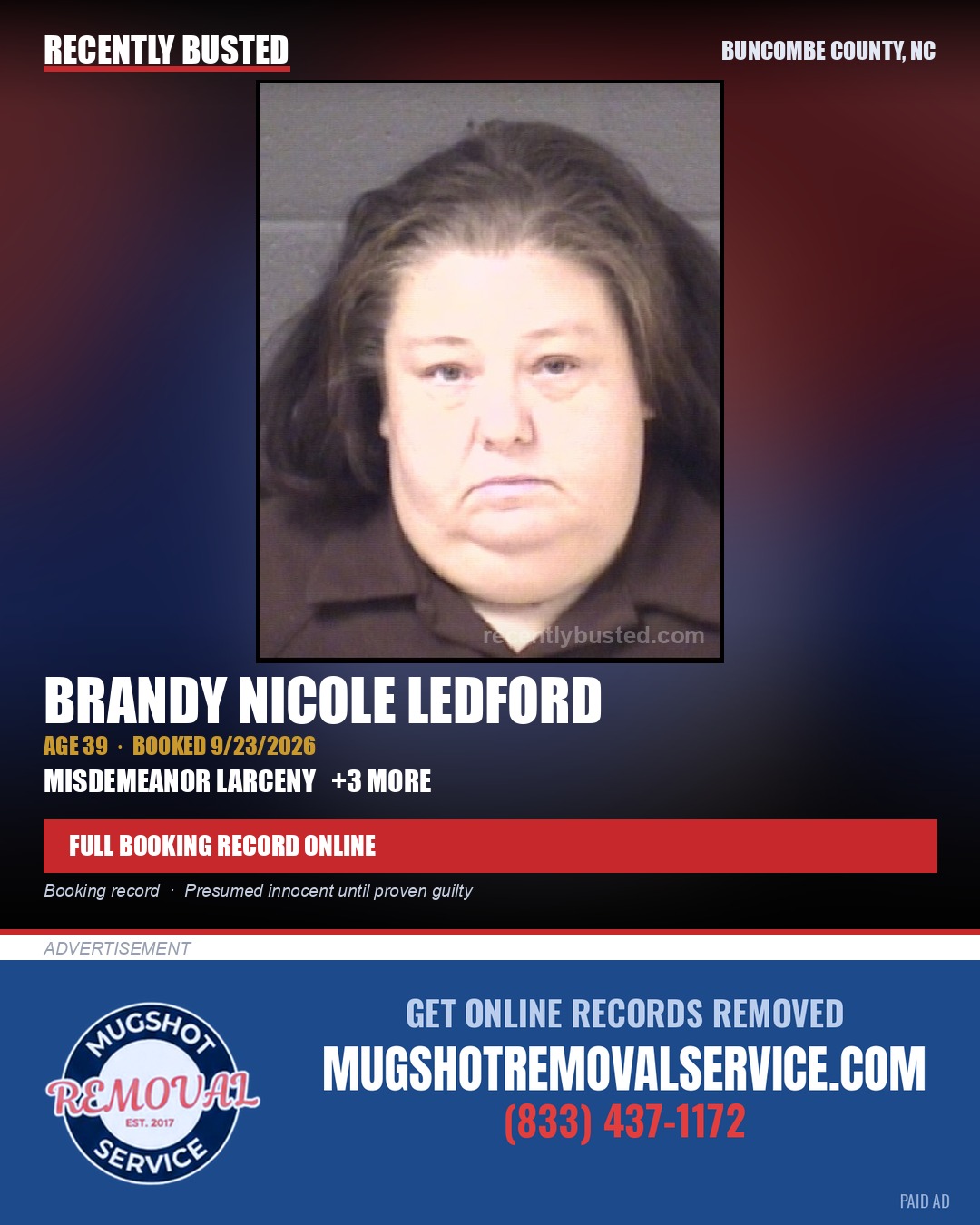 BRANDY NICOLE LEDFORD — arrest record card, Buncombe County, North Carolina