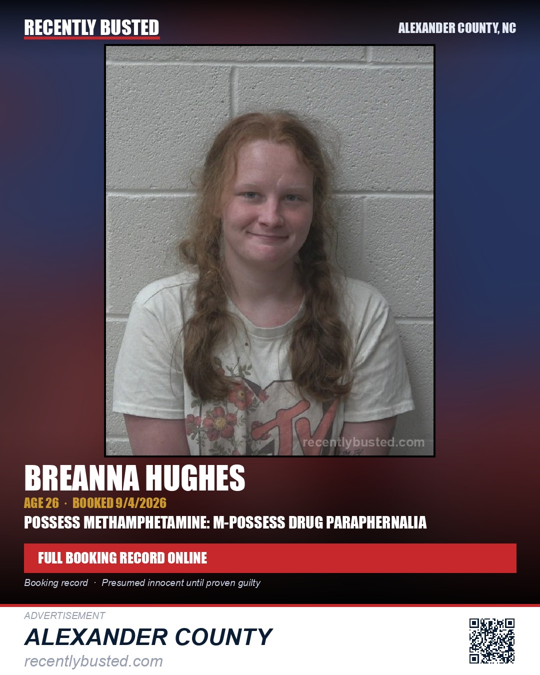 BREANNA HUGHES — arrest record card, Alexander County, North Carolina