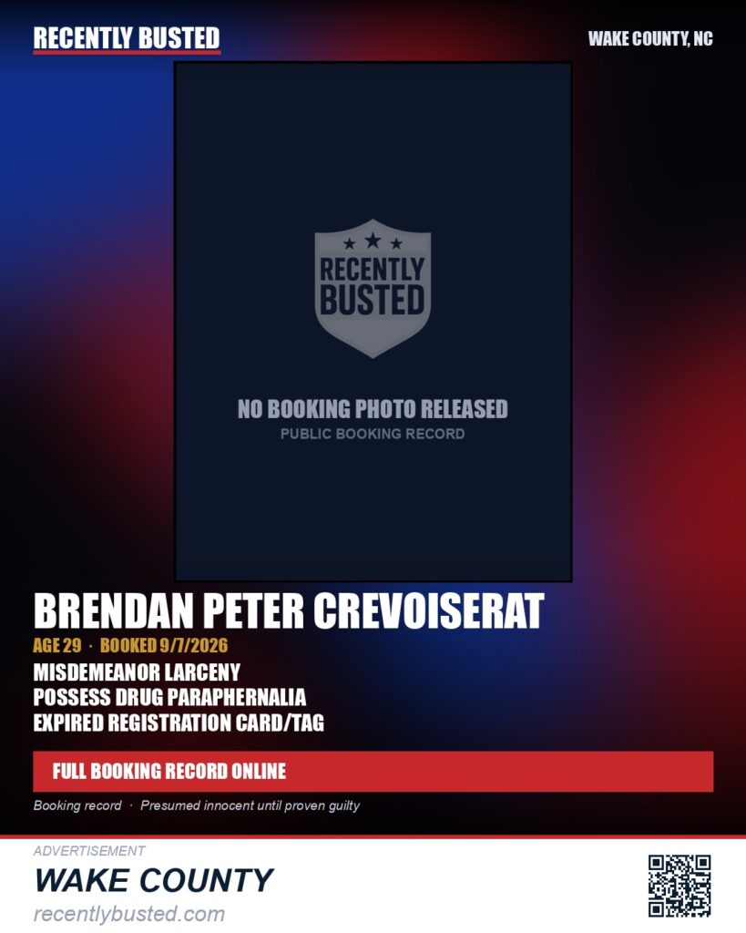BRENDAN PETER CREVOISERAT — arrest record card, Wake County, North Carolina