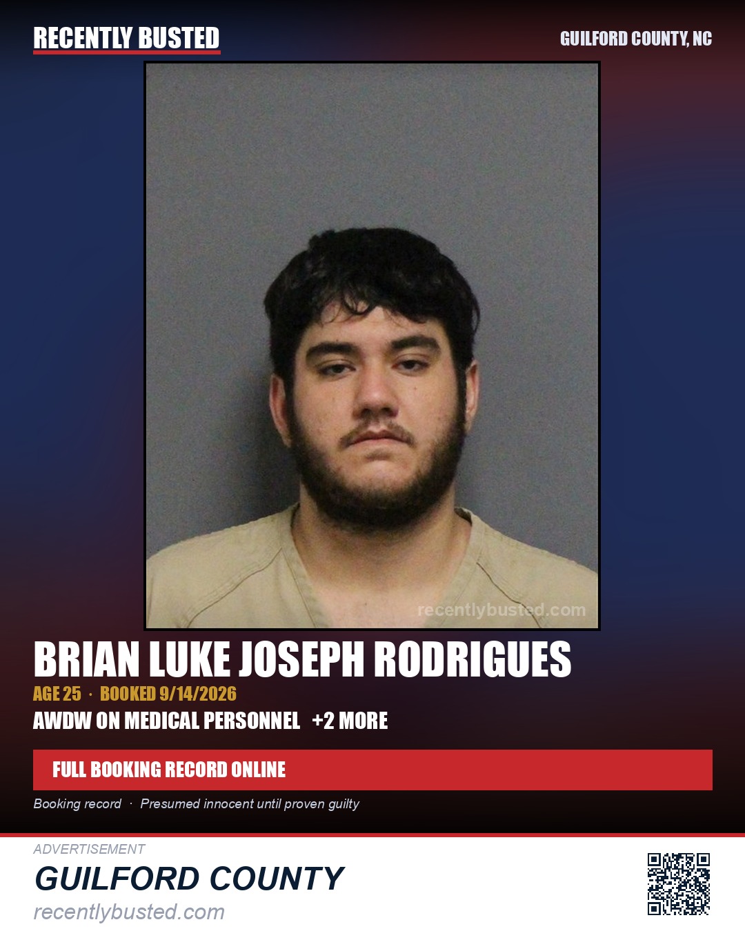 BRIAN LUKE JOSEPH RODRIGUES — arrest record card, Guilford County, North Carolina