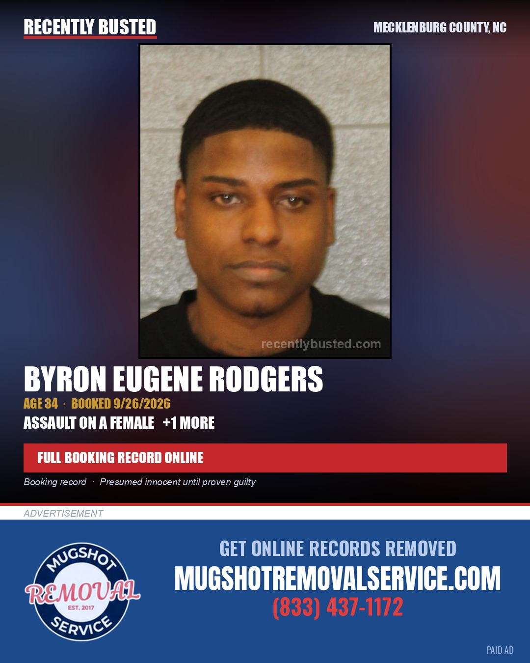 BYRON EUGENE RODGERS — arrest record card, Mecklenburg County, North Carolina
