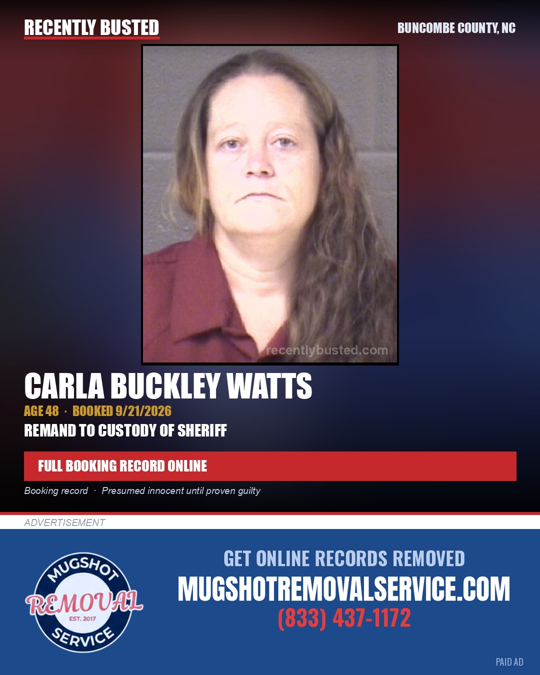 CARLA BUCKLEY WATTS — arrest record card, Buncombe County, North Carolina